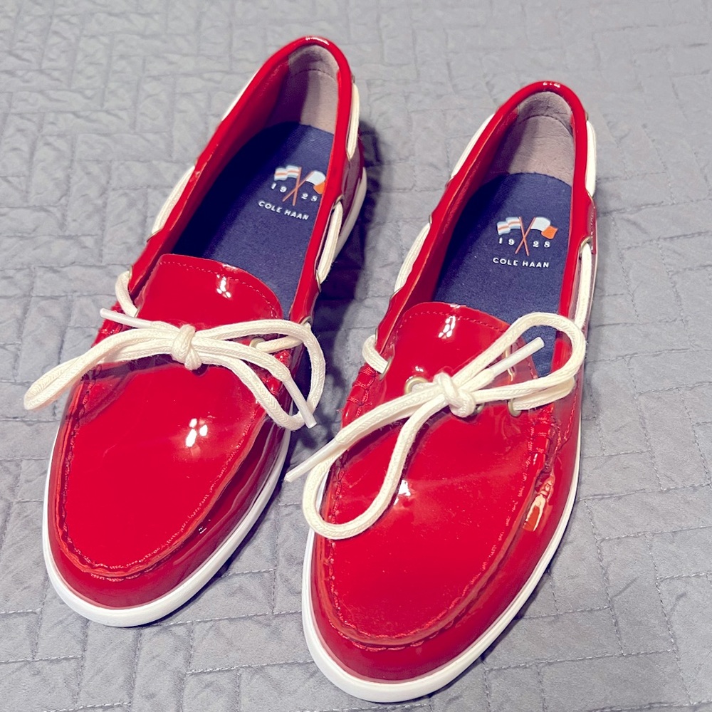 Coke Haan patent red women’s loafers.  Brand new without tags.